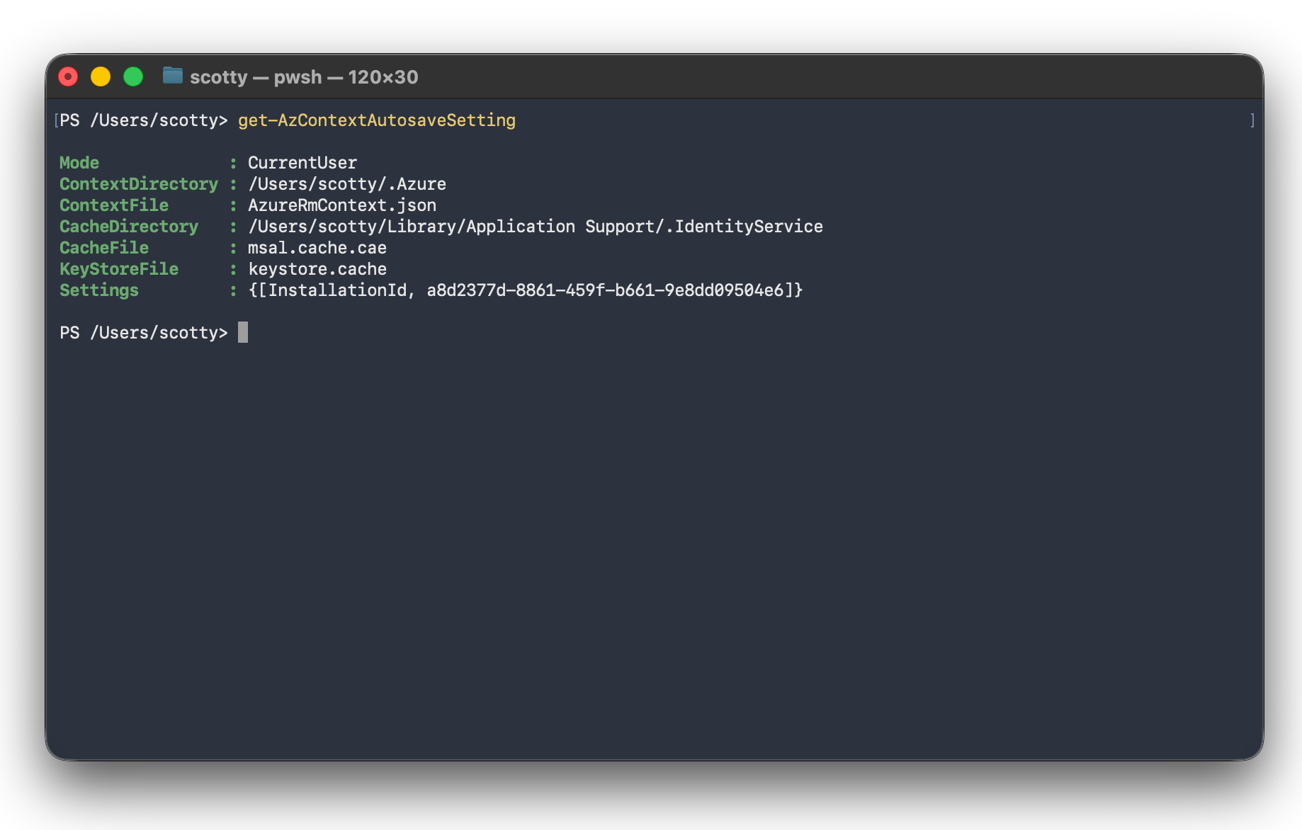 Get-AzContextAutosaveSetting output showing Mode CurrentUser, ContextDirectory ~/.Azure, CacheDirectory ~/Library/Application Support/.IdentityService, CacheFile msal.cache.cae, and KeyStoreFile keystore.cache