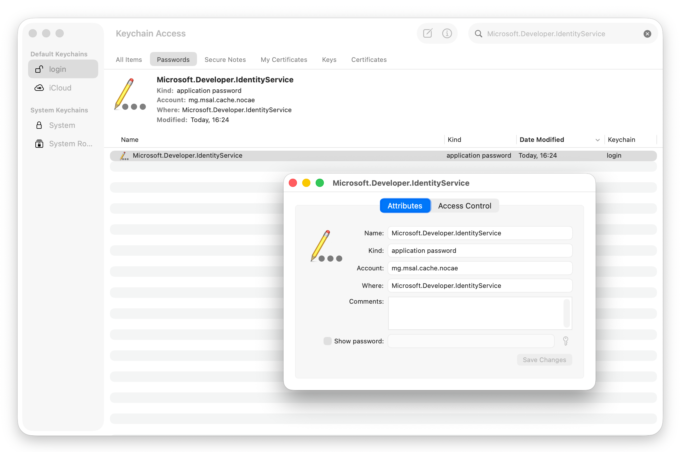 Keychain Access showing the Microsoft.Developer.IdentityService item's Attributes tab: kind "application password", account mg.msal.cache.nocae, stored in the login keychain