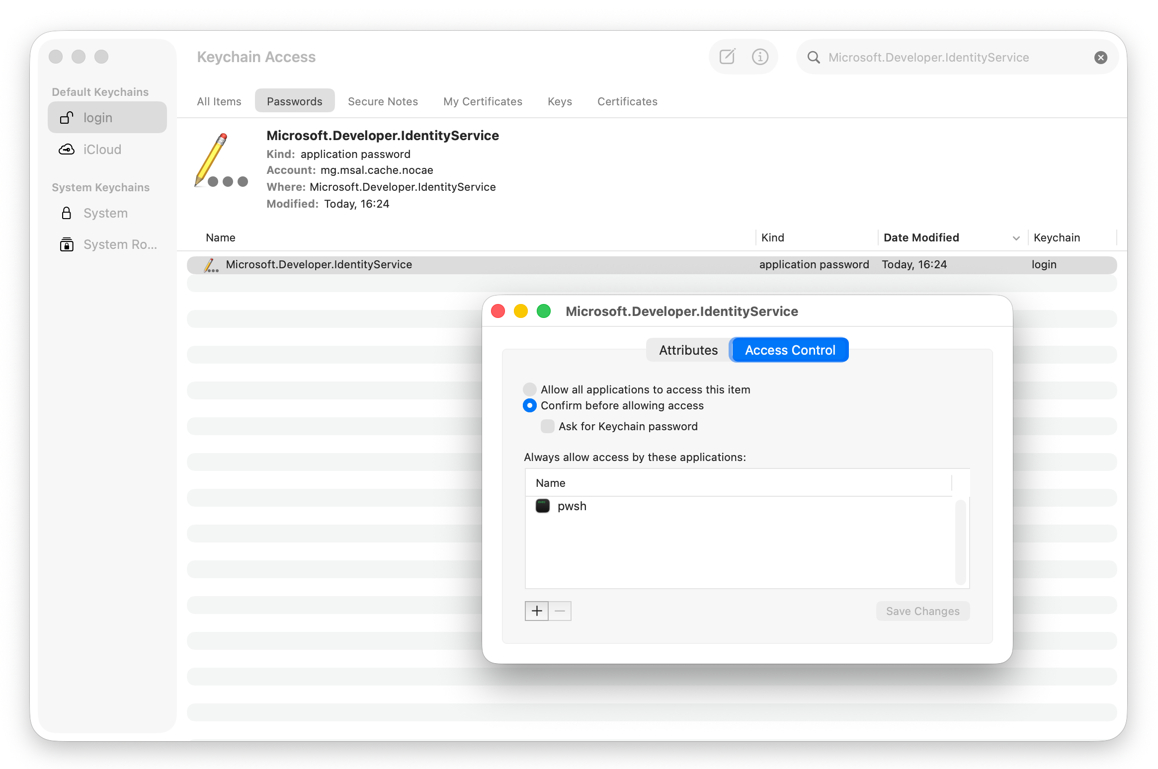 Keychain Access Control tab for the same Microsoft.Developer.IdentityService item, set to "Confirm before allowing access" with pwsh listed as the only application always allowed to read it