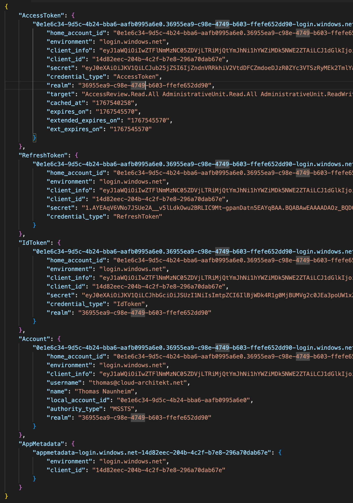 Decoded MSAL cache JSON showing AccessToken, RefreshToken, IdToken, Account, and AppMetadata sections, each with a plaintext secret field