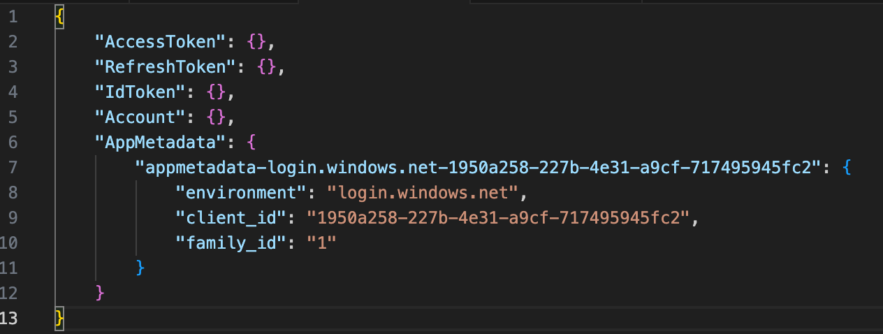 MSAL cache JSON after Disconnect-AzAccount showing empty AccessToken, RefreshToken, IdToken, and Account objects, with only AppMetadata (client_id and family_id) remaining