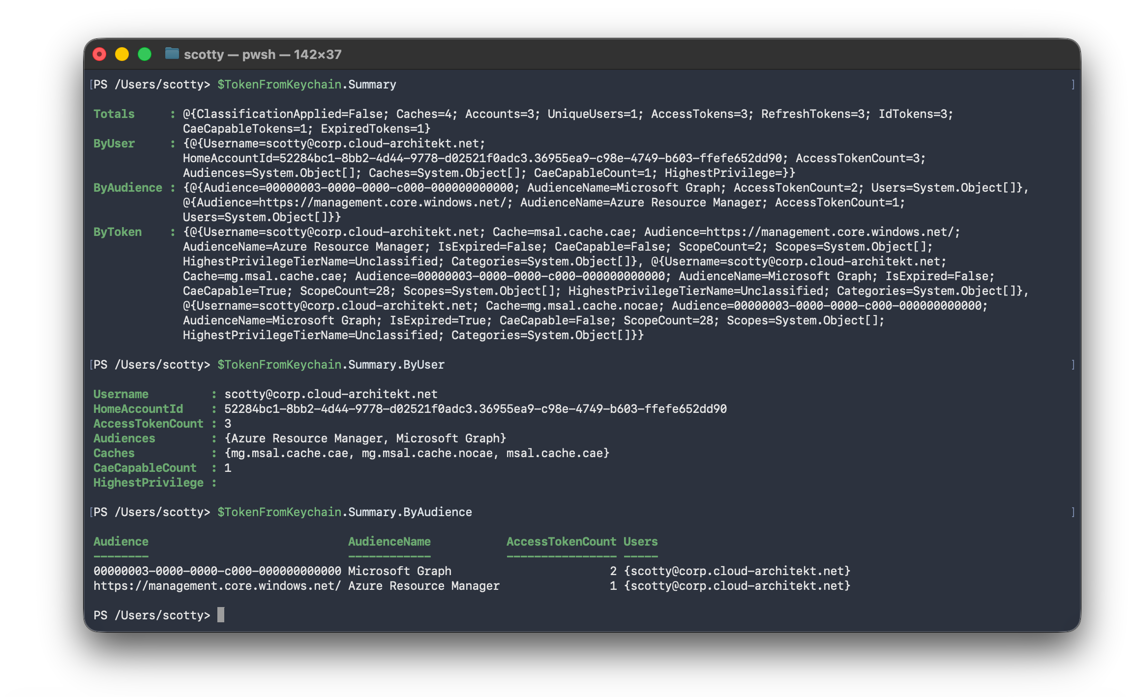 PowerShell output of `$TokenFromKeychain.Summary`, showing the Totals, ByUser, and ByAudience breakdown for one signed-in user across three cached access tokens spanning Microsoft Graph and Azure Resource Manager