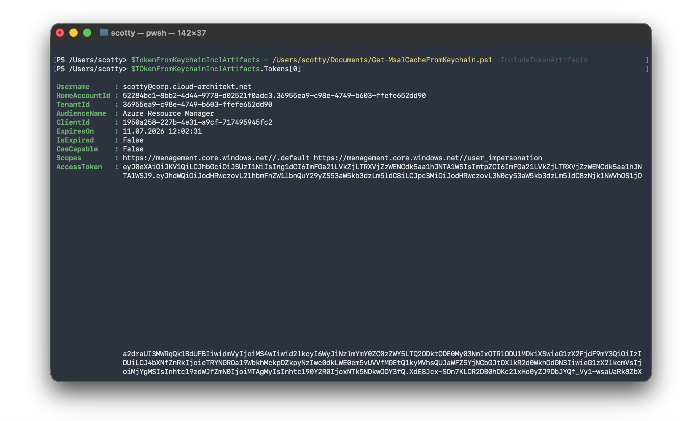 PowerShell output of `$TokenFromKeychainInclArtifacts.Tokens[0]` after running with -IncludeTokenArtifacts (or -ValidOnly , which implies it), showing a reusable access token revealed in plaintext together with its account, tenant, audience, and scopes