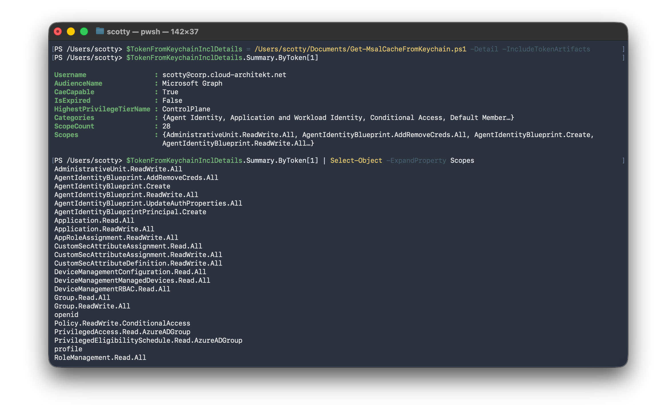 Summary output classifying a Microsoft Graph token as HighestPrivilegeTierName ControlPlane, CAE-capable, with 28 scopes including Application.ReadWrite.All and RoleManagement.Read.All
